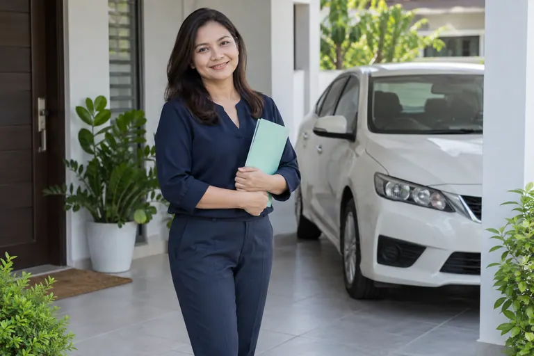 Pelanggan wanita dengan folder mint tertutup di anjung, kereta ivory di belakang.