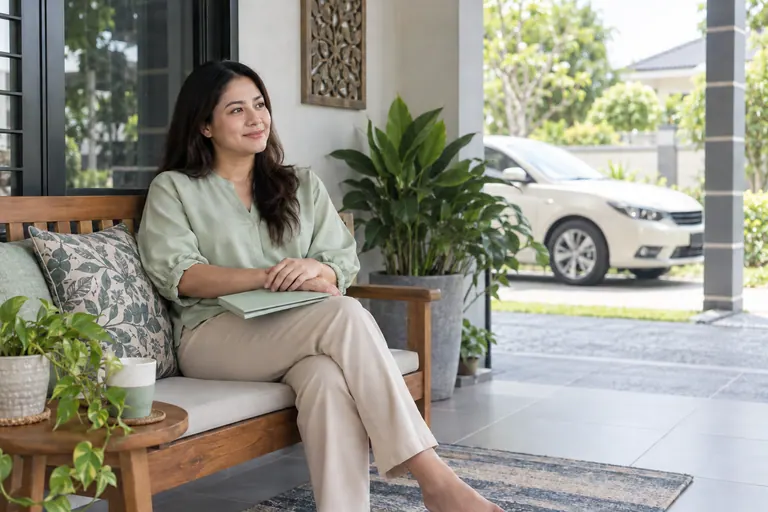 Pelanggan wanita di bangku rumah dengan folder mint tertutup dan kereta ivory di belakang.