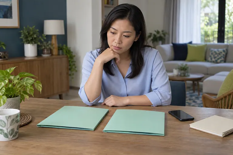 Pelanggan wanita mempertimbangkan dua folder mint tertutup di meja rumah.