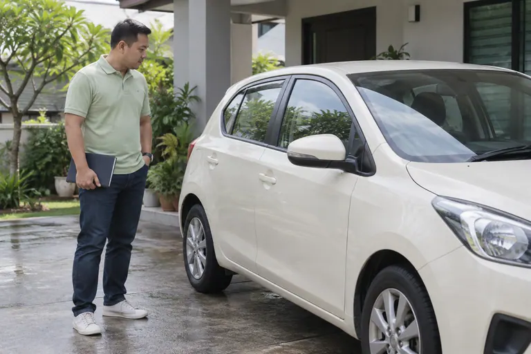 Pelanggan berbaju hijau muda melihat luaran kereta ivory sambil memegang buku nota.