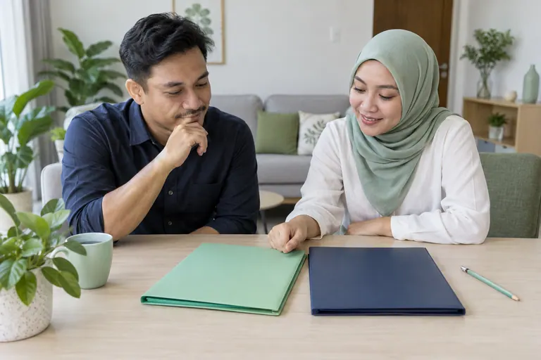 Dua pelanggan di meja dengan folder mint dan navy tertutup serta pensel.