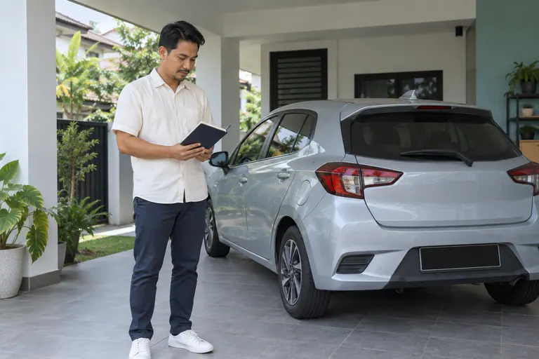 Pelanggan membaca buku nota di sebelah bahagian belakang hatchback kelabu di rumah.