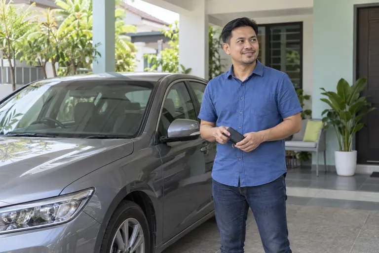 Pelanggan berbaju biru memegang kantung kunci tertutup di sebelah kereta kelabu di rumah.
