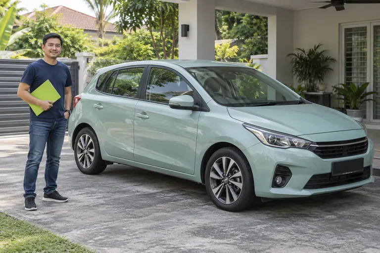Pelanggan berbaju navy dengan folder limau di sebelah hatchback mint di rumah.