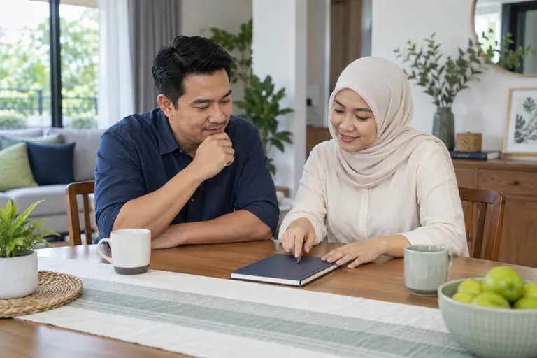 Dua pelanggan berbincang tentang buku nota navy tertutup di meja rumah.