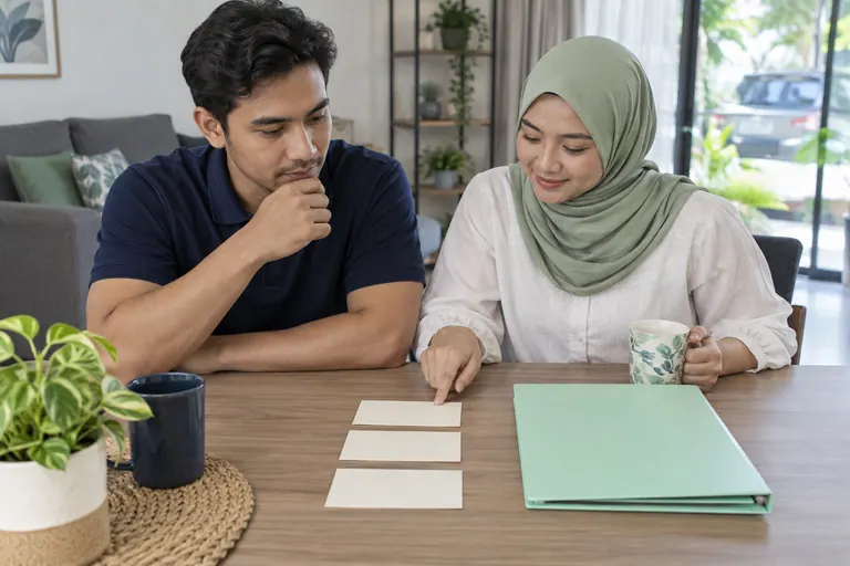 Dua pelanggan melihat tiga kad cream kosong dan folder mint tertutup.