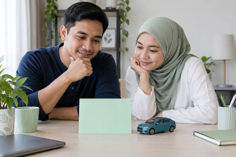 Dua pelanggan melihat kad mint kosong dan kereta mainan di meja rumah.