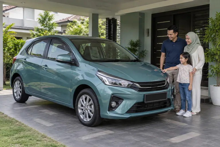 Hatchback teal dengan dua orang dewasa dan seorang kanak-kanak di anjung rumah.